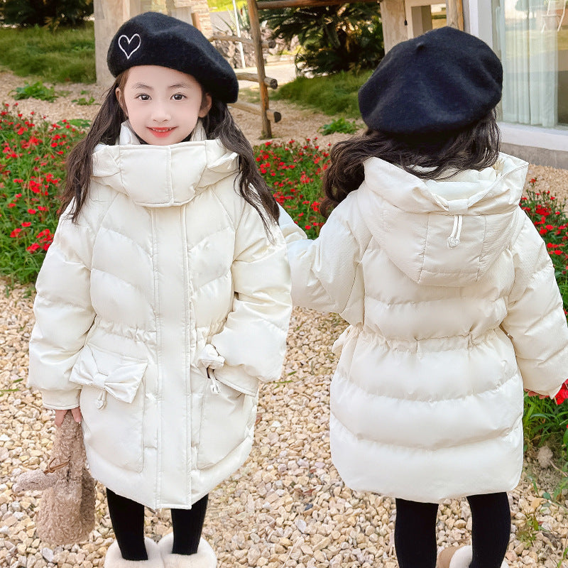 Girls new cotton coat with bow tie Korean style waist thick warm long cotton coat for middle and large children three-proof wash-free fabric 