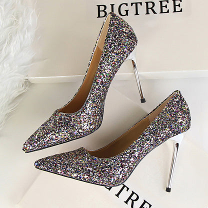 9219-1 European and American style women's shoes, high heels, shallow mouth, pointed toe, sparkling sequins, sexy slimming nightclub high heels single shoes 