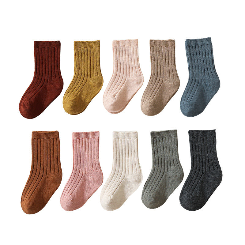 New style children's socks in spring and autumn, Korean style, double needle solid color children's socks, boys and girls solid color cotton socks, baby mid-tube 