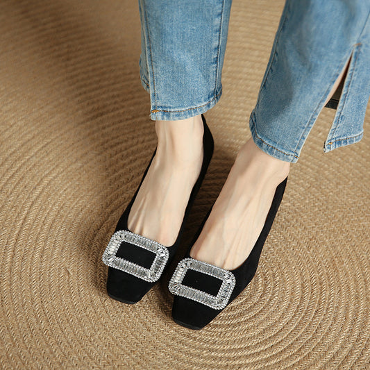 6100 spring cashmere black single shoes square toe mid-heel shoes square buckle rhinestone shallow mouth soft sole comfortable work shoes 