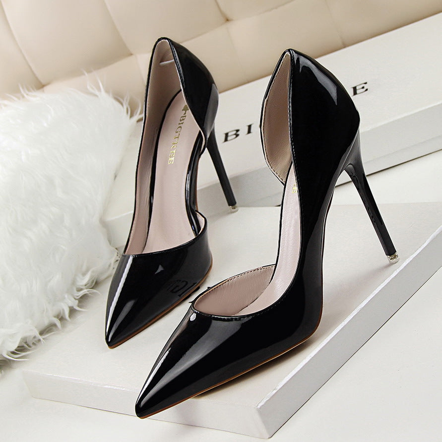 638-5 Korean style fashionable simple stiletto high heels patent leather shallow mouth pointed toe hollow sexy slim high heels shoes