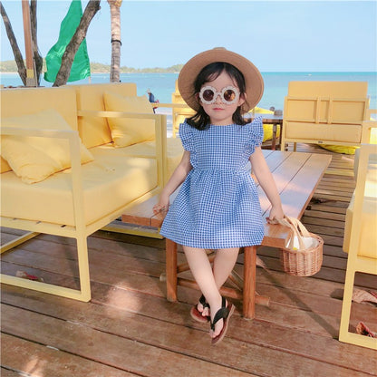 2024 Summer New Korean Plaid Backless Dress for Girls Baby Girl Flying Sleeve Dress Big Children Princess Dress 