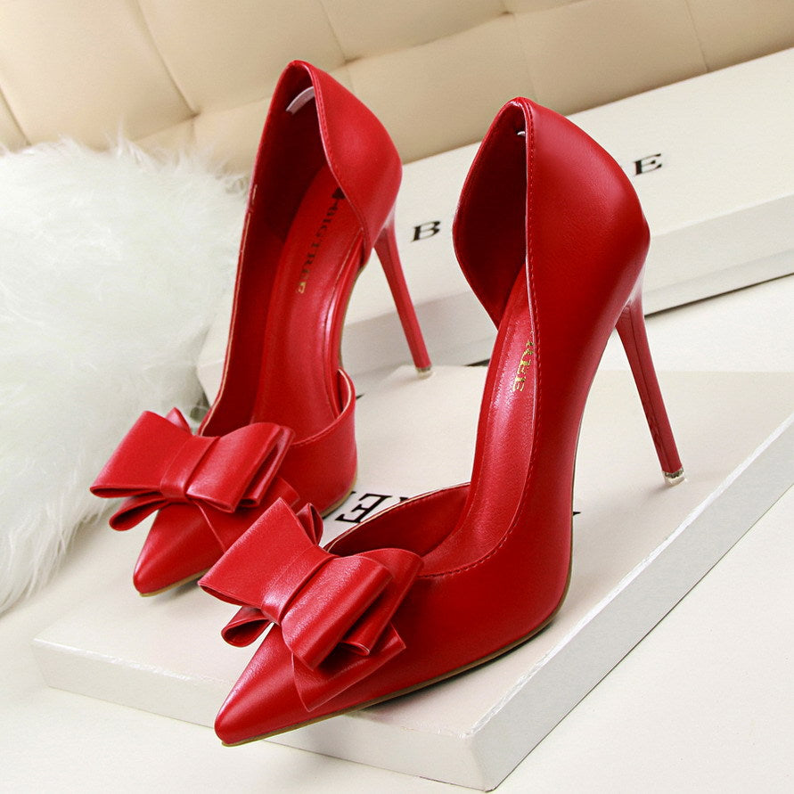 3168-2 Korean style fashionable, delicate and sweet bow high heels, stiletto heels, shallow mouth, pointed toe and side hollow shoes 