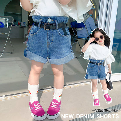 Korean children's clothing 2024 spring new children's shorts girls stylish curled jeans small and medium children's flower bud hot pants 