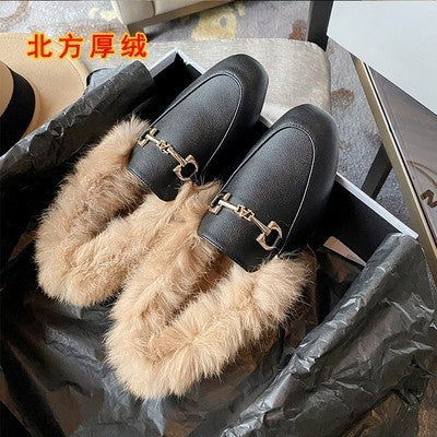 Fur shoes women's 2023 autumn and winter rabbit fur cotton shoes plus velvet small leather shoes flat bottom British slip-on trendy peas shoes 