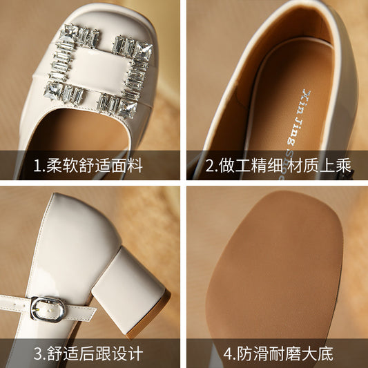 JH628-5 Mid-heel single shoes women's rhinestone square buckle one-word belt buckle thick-heeled shoes French temperament Mary Jane shoes 