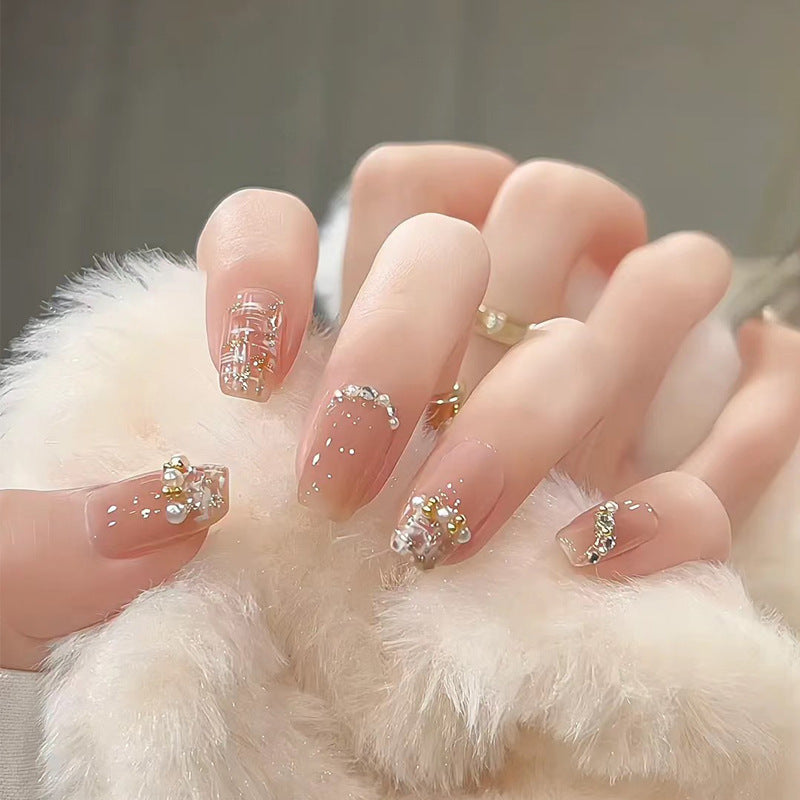 Handmade manicure wholesale short style ice transparent star diamond chain manicure patch nail patch finished white glitter nail patch 