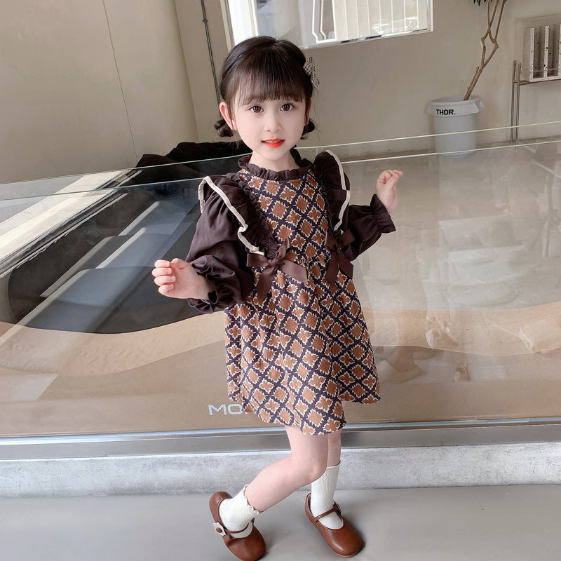 2023 Spring and Autumn New Girls' Dresses Retro Ruffles Medium and Large Children's Style Skirts Children's Clothes Bow Girls 