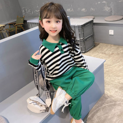 2023 spring and autumn new cotton fashion trend suit girls lapel striped long-sleeved two-piece set for small and medium-sized children 