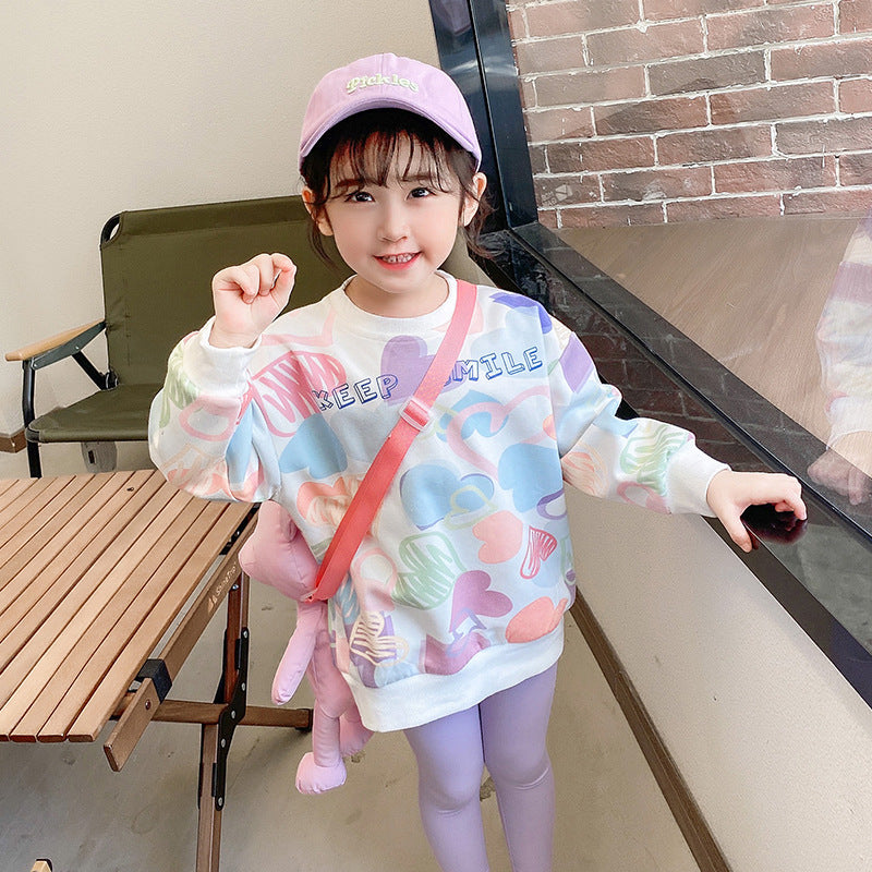 2023 Spring and Autumn New Children's Graffiti Girls Loose Breathable Sweater Versatile Long Sleeve Cute Full Print Pullover Top 