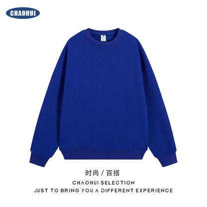 Autumn and winter pure cotton round neck silver fox velvet long sleeves men's loose dropped shoulders thickened solid color loose sweater trendy brand couples 