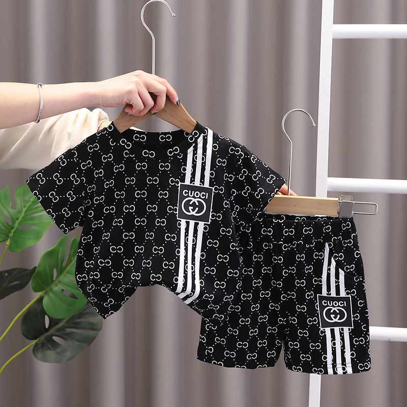 2023 new boys summer suit, handsome children, fashionable clothes, baby summer short-sleeved two-piece set, trendy 