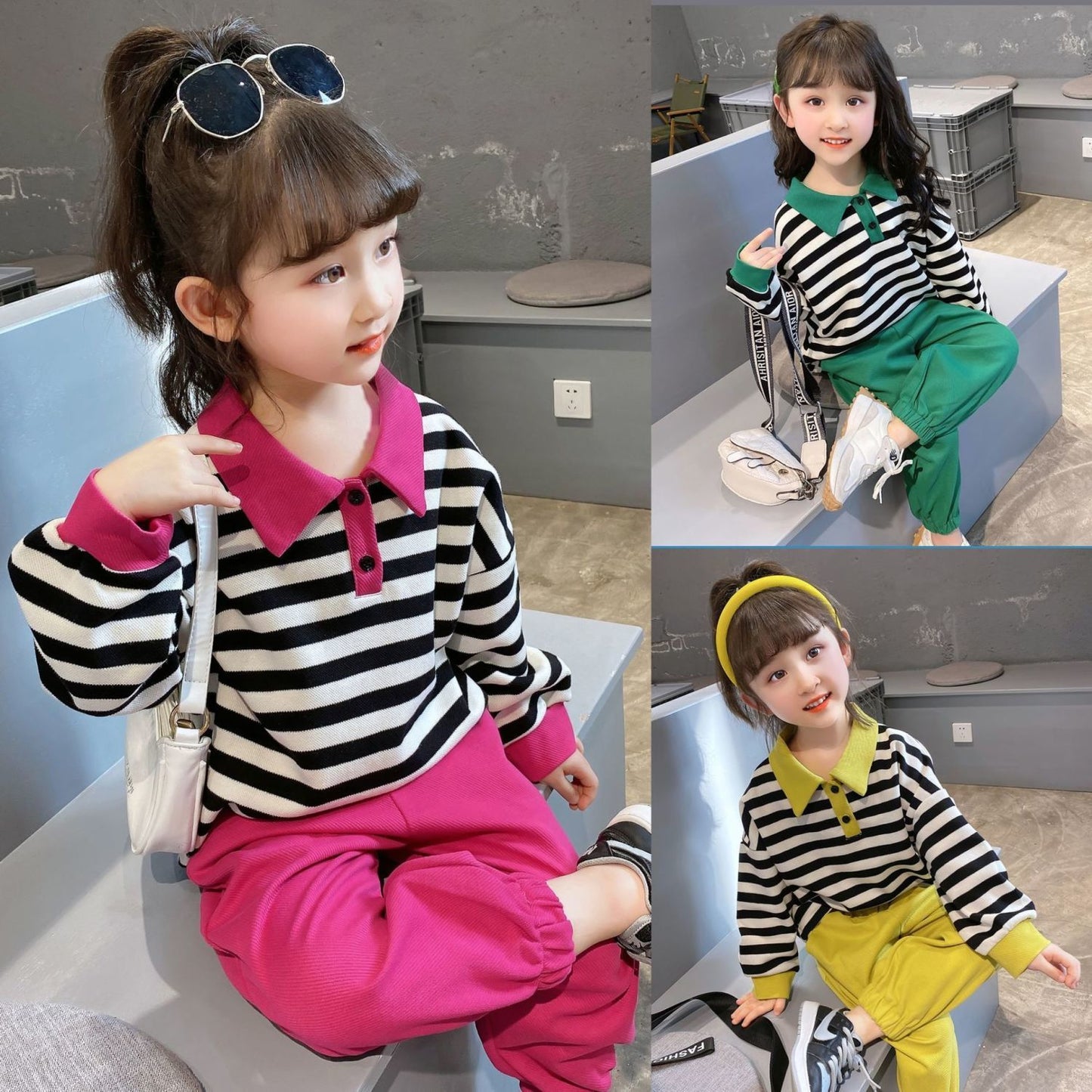 2023 spring and autumn new cotton fashion trend suit girls lapel striped long-sleeved two-piece set for small and medium-sized children 