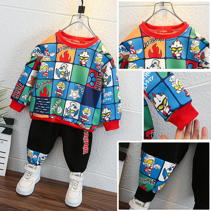 2023 new spring and autumn boys' long-sleeved T-shirts, stylish and handsome Ultraman sweatshirts, loose round neck and versatile tops, trendy 