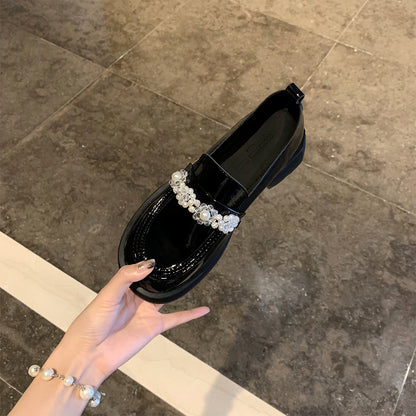 [sheii Su Yinyin] Andy's Dream ~ Real Leather Round Toe Handmade Crystal Flower Thick Heel Small Leather Shoes Women's Loafers 