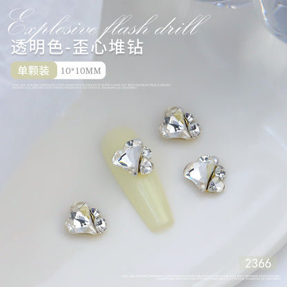 Internet celebrity popular nail art crystal pile diamond finished product super flash crooked heart rectangular handmade pearl nail decoration wholesale 