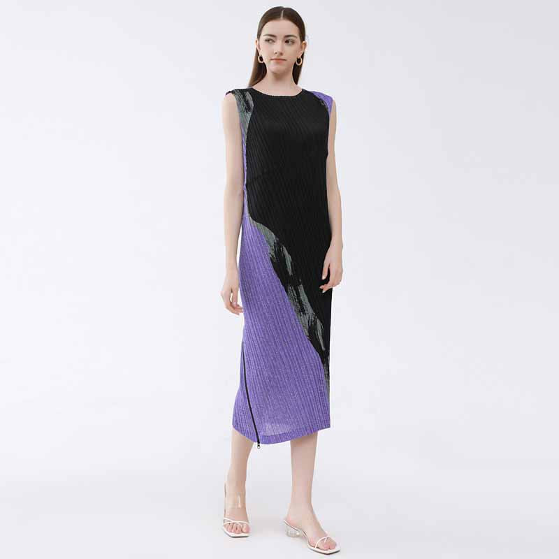 Printed and dyed zipper cardigan dress women's clothing 2023 summer new Miyake design model with waist and slim A-line skirt for women 