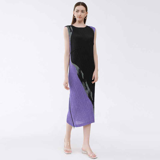 Printed and dyed zipper cardigan dress women's clothing 2023 summer new Miyake design model with waist and slim A-line skirt for women 