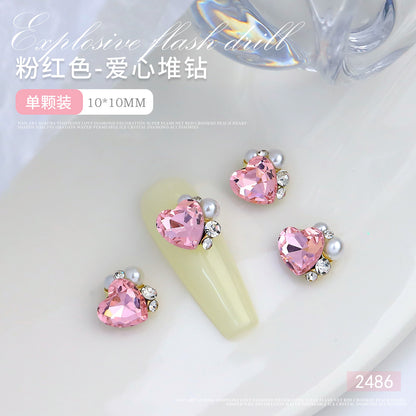 Internet celebrity popular nail art crystal pile diamond finished product super flash crooked heart rectangular handmade pearl nail decoration wholesale 