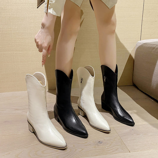 Net red western cowboy knight boots women 2023 fashion leather mid-tube boots chunky heel fashion women's boots look thin European and American style 