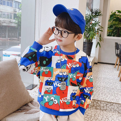 2023 Spring and Autumn New Boys Full Print Sesame Street Cute Loose Small and Medium-sized Boys Handsome Sweater Tops 