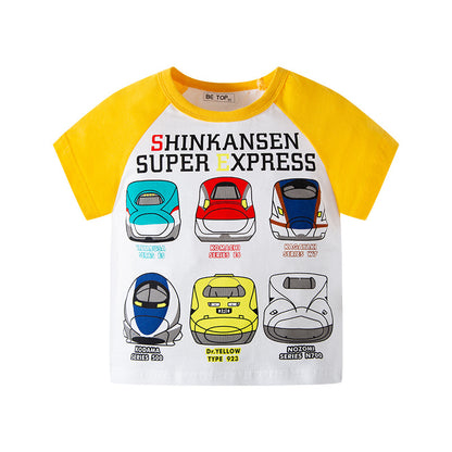 Korean style summer new children's short-sleeved T-shirt for boys and babies with contrasting colors and cartoon prints with raglan sleeves 