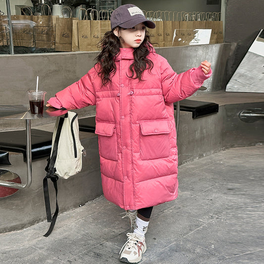 Children's down jacket for boys and girls thick medium and long warm three-proof white duck down winter medium and large children's knee-length down jacket 