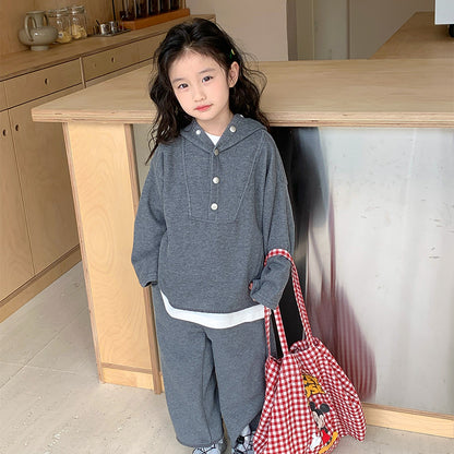 Korean children's clothing 2024 spring new girls suit children's stylish hooded sweatshirt wide-leg pants two-piece suit 