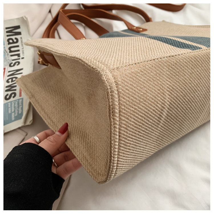 Korean style new women's portable briefcase professional commuting striped simple shoulder large bag large capacity canvas bag 