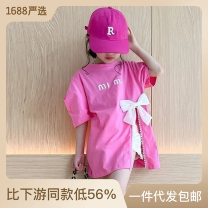 2023 new summer girls' bow T-shirt mid-length slit Korean version trendy fashion top short-sleeved medium and large children 