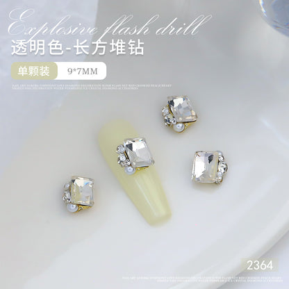 Internet celebrity popular nail art crystal pile diamond finished product super flash crooked heart rectangular handmade pearl nail decoration wholesale 