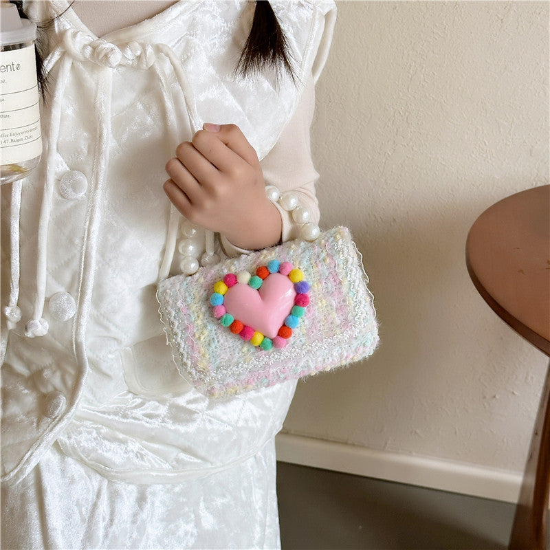 New Children's Small Square Bag Cartoon Cute Fragrant Style Shoulder Bag Fashion Love Jewelry Chain Crossbody Bag လက်ကား 