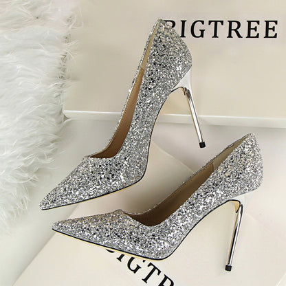 9219-1 European and American style women's shoes, high heels, shallow mouth, pointed toe, sparkling sequins, sexy slimming nightclub high heels single shoes 