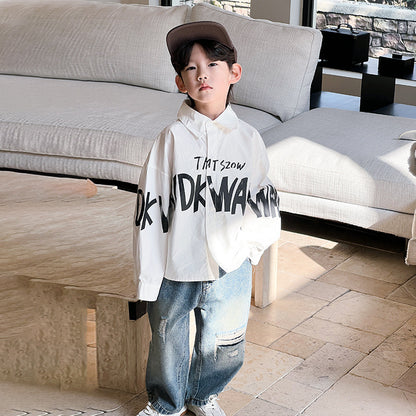 Boys autumn shirts children's shirts 2024 autumn children's clothing new style little boy Korean style striped tops trend 