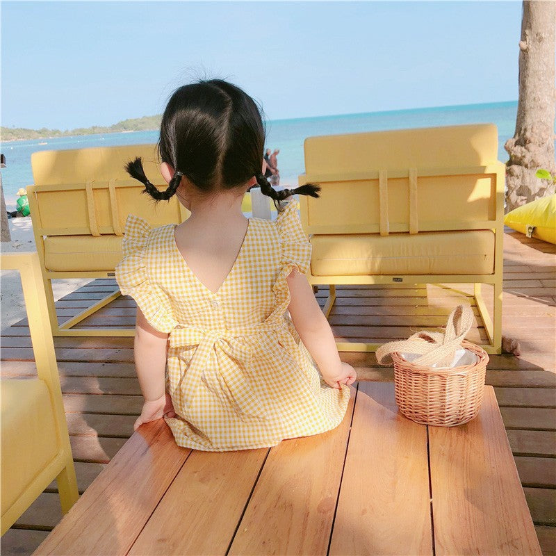 2024 Summer New Korean Plaid Backless Dress for Girls Baby Girl Flying Sleeve Dress Big Children Princess Dress 