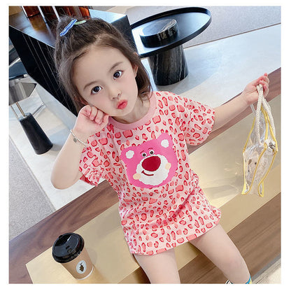 2023 spring and summer new girls pink leopard print bear mid-length T-shirt dress children's cartoon short-sleeved dress 