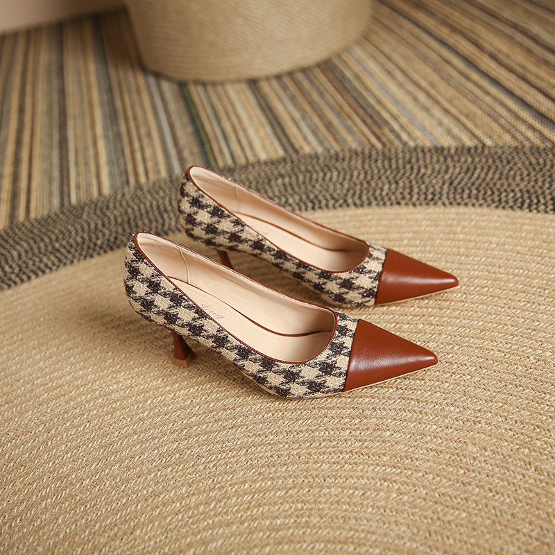 3351-13 French style small fragrant style pointed toe color matching high heels women 2023 houndstooth pointed toe shallow mouth stiletto shoes 