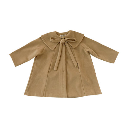 2023 Winter New Children's Tweed Coat Girls Baby Plus Velvet Thickened Bowknot Camel Cape Coat 