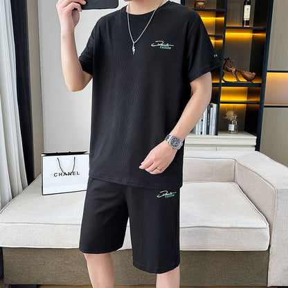 High-quality ice silk casual sports suit men's summer new round neck short-sleeved shorts fitness running two-piece suit