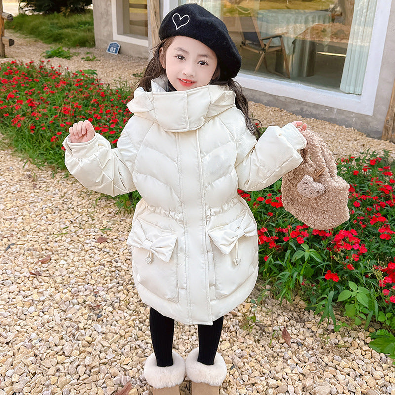 Girls new cotton coat with bow tie Korean style waist thick warm long cotton coat for middle and large children three-proof wash-free fabric 