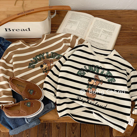 Bangcheng Boys' Base Shirt 24 Spring New Products Children's T-shirt Striped Bear Printed Long Sleeve Casual Top G0003 