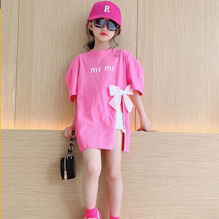 2023 new summer girls' bow T-shirt mid-length slit Korean version trendy fashion top short-sleeved medium and large children 