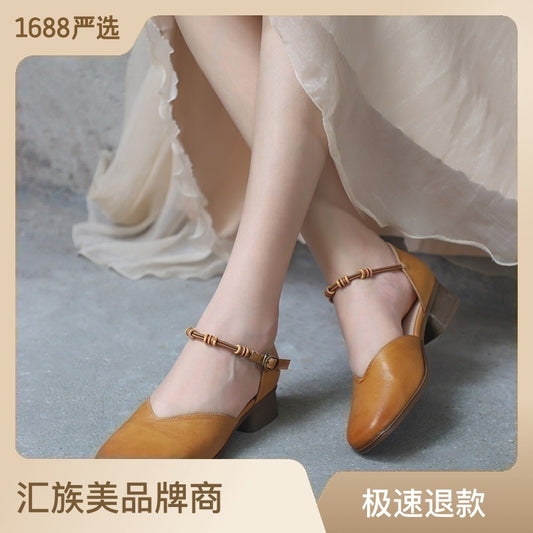 Single shoes women 2023 spring new leather chunky heel Baotou sandals temperament all-match Mary Jane shoes Guangzhou women's shoes 