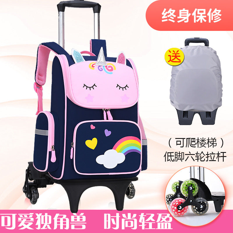 Primary school students trolley space school bag 1-3-6 years boys and girls unicorn detachable six-wheeled climbing bag with wheels 