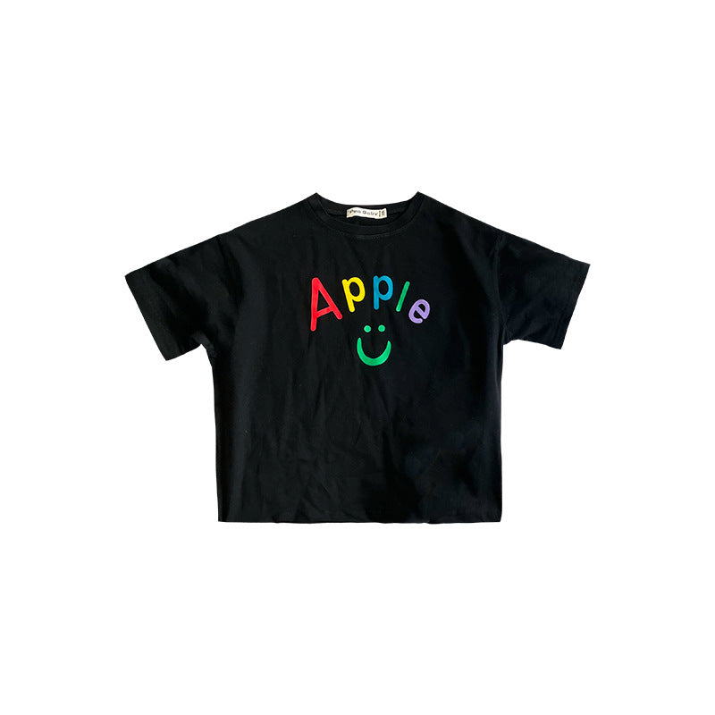 Korean children's clothing 2024 summer new small and medium-sized children's colorful smiley face letters loose short-sleeved T-shirt half-sleeved bottoming shirt 