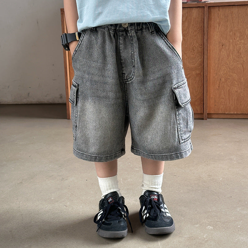 Elmo Beibei Boys Retro Sand Washed Cotton Fifth Fifth Pants 2024 Summer Baby Pocket Micro-Elastic Denim အလုပ် ဘောင်းဘီတို 