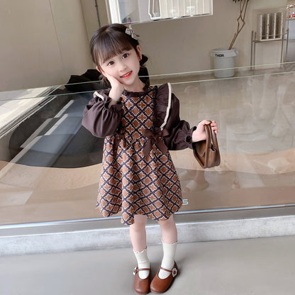 2023 Spring and Autumn New Girls' Dresses Retro Ruffles Medium and Large Children's Style Skirts Children's Clothes Bow Girls 