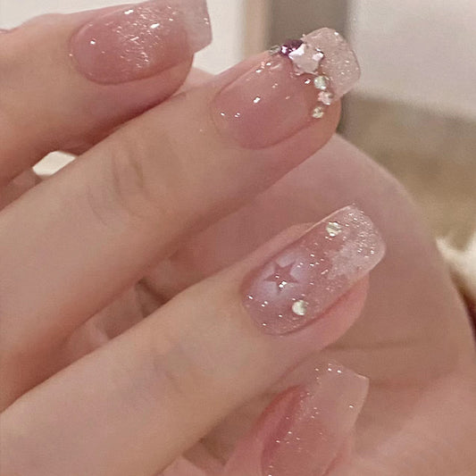 Handmade manicure wholesale short style ice transparent star diamond chain manicure patch nail patch finished white glitter nail patch 