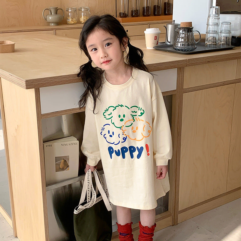 Korean children's clothing 2024 spring new girls cute puppy print T-shirt children's mid-length long-sleeved top 