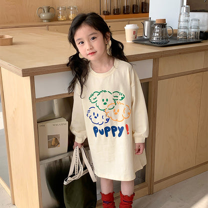 Korean children's clothing 2024 spring new girls cute puppy print T-shirt children's mid-length long-sleeved top 